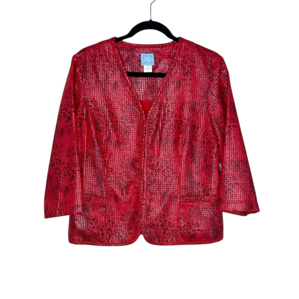 Lark Lane Textured Leopard and Snake Print Bold Red and Black 3/4 sleeve Jacket